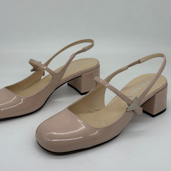 PRADA Decolette Logo Patent Leather Slingback Mary Jane Pumps Heel Sandals - Picture 12 of 15